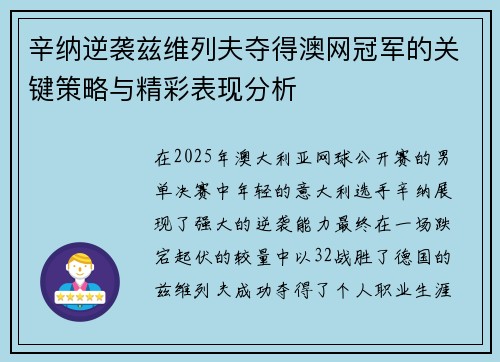 辛纳逆袭兹维列夫夺得澳网冠军的关键策略与精彩表现分析 辛纳逆袭兹维列夫夺得澳网冠军的关键策略与精彩表现分析