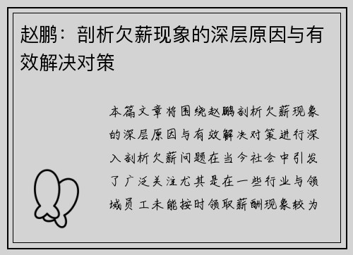 赵鹏：剖析欠薪现象的深层原因与有效解决对策