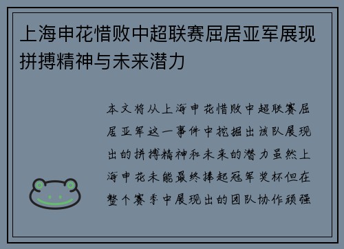 上海申花惜败中超联赛屈居亚军展现拼搏精神与未来潜力