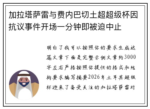 加拉塔萨雷与费内巴切土超超级杯因抗议事件开场一分钟即被迫中止 加拉塔萨雷与费内巴切土超超级杯因抗议事件开场一分钟即被迫中止