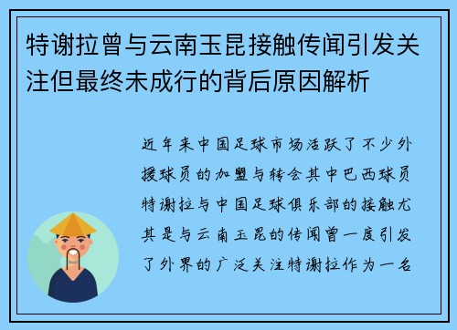 特谢拉曾与云南玉昆接触传闻引发关注但最终未成行的背后原因解析